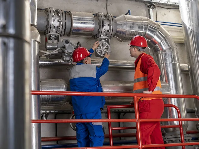 Két létesítmény energetikus szakember védőfelszerelésben a hőközpont csővezetékeinek szerelvényét állítja be